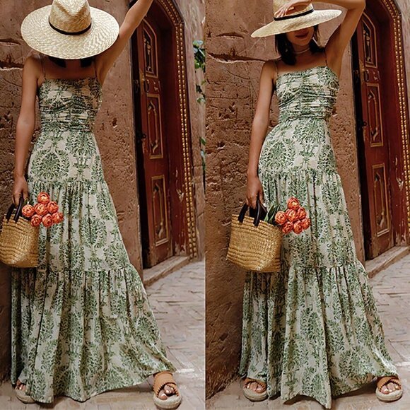 Army Green Boho Women's Vacation Printed Bohemian Backless Maxi Cami Dress - Picture 1 of 9
